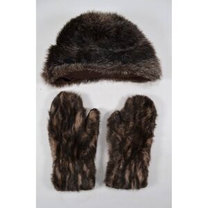 Vintage Faux Fur‎ Hat & Sherpa Lined Gloves Brown Variegated